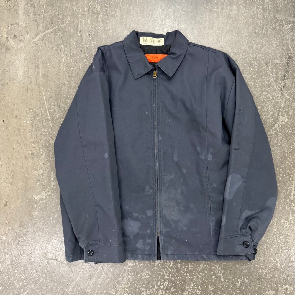 Cintas Work Jacket Mens L Navy Blue Fair Distressed Quilted Lined Full Zip